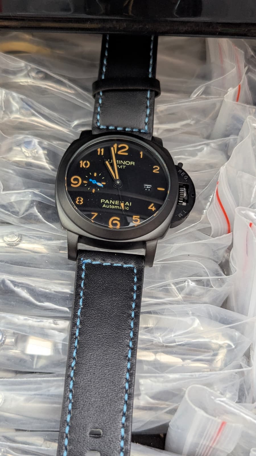 Panaria Luminor Orange/Black dial, Black strap blue stitching